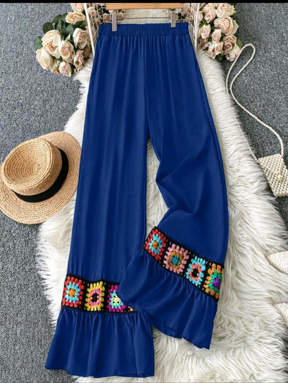Boho Crochet-Trim Wide Leg Pants - Blue